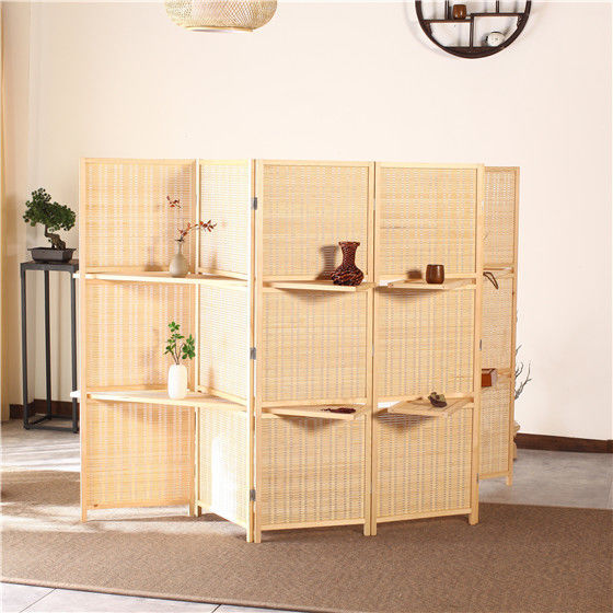 パーテーション 天然木フレーム編み込み棚付き六連折りたたみ衝立