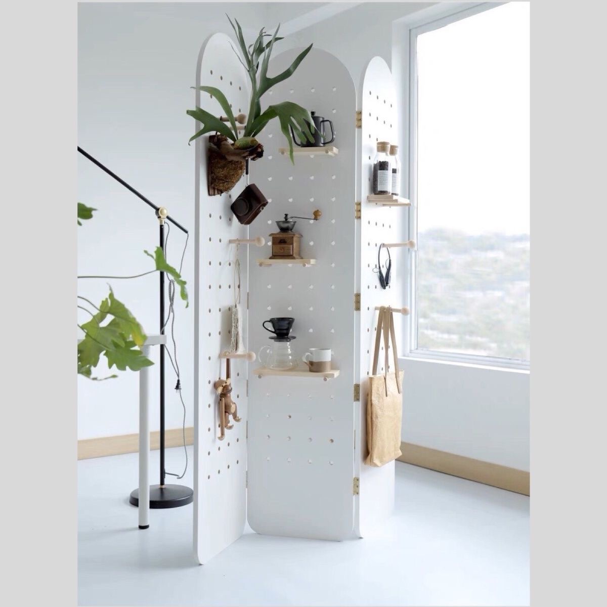 パーテーション 多機能収納付き木製棚板パーテーション三連衝立