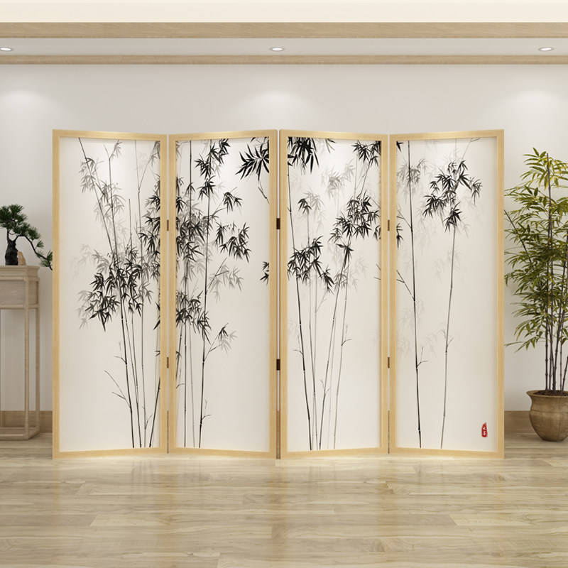 パーテーション 竹林水墨画風木製折りたたみ式間仕切り衝立