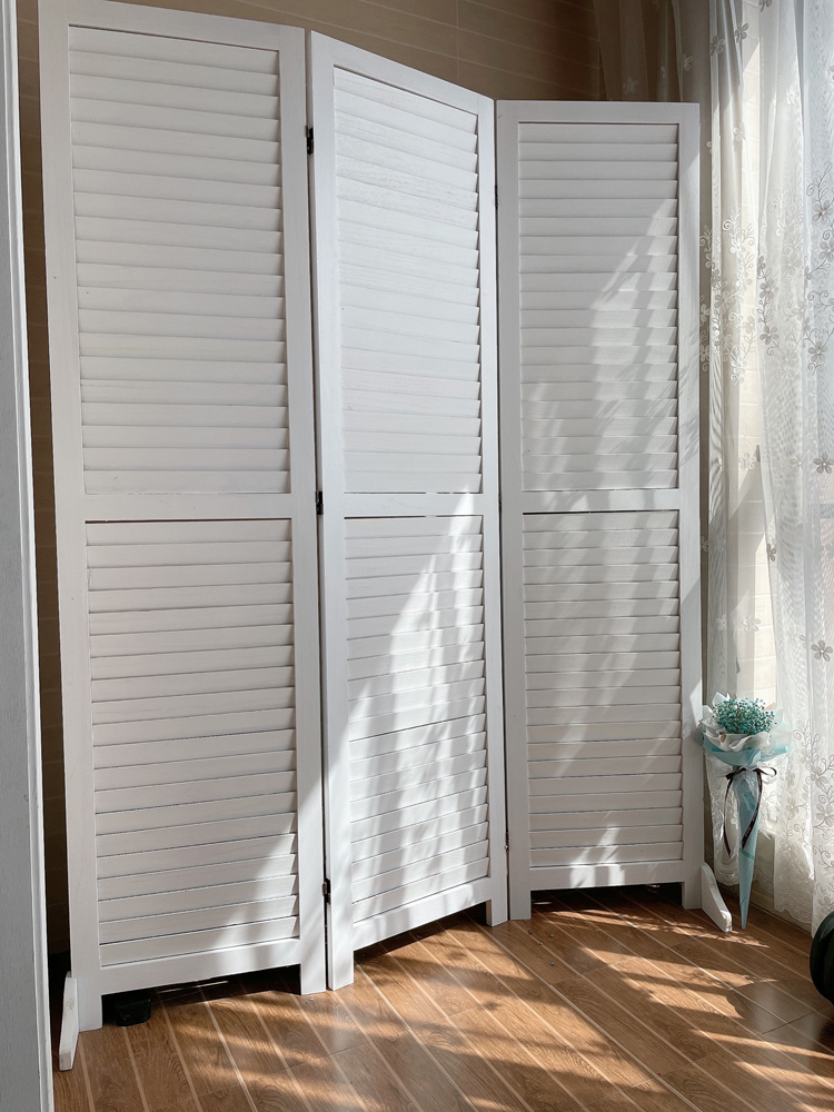 パーテーション 天然木製ルーバー式四連折りたたみ間仕切り