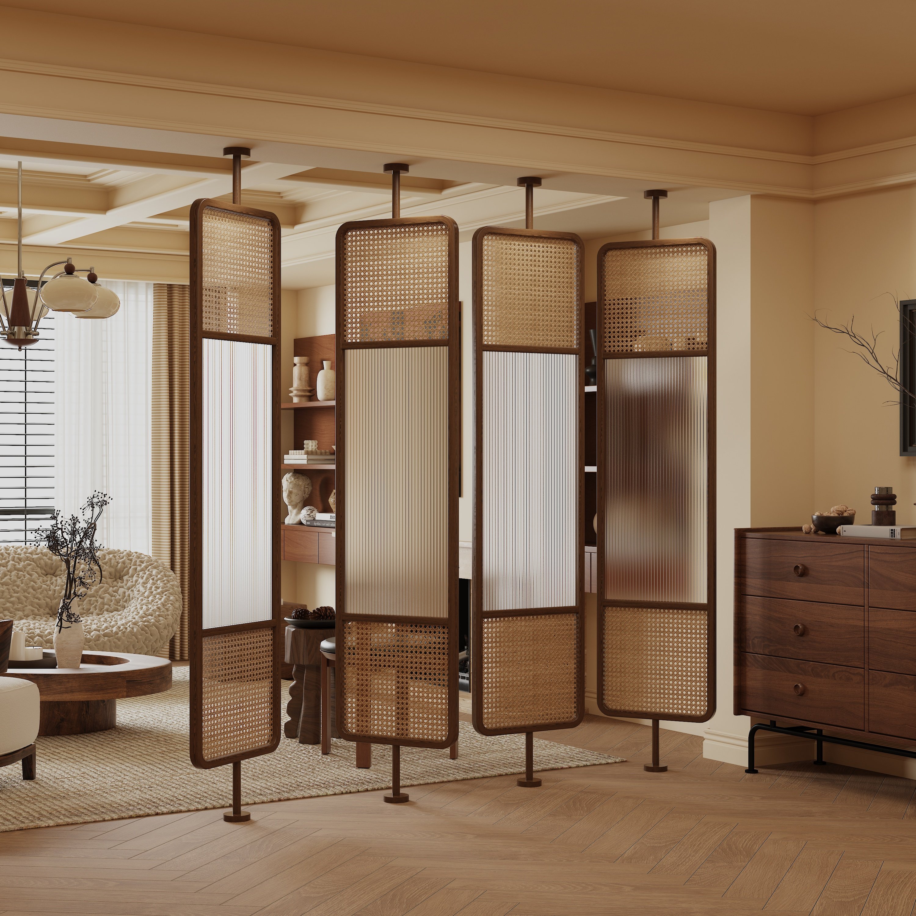 パーテーション 籐編みと型板ガラス組合せ突っ張り式間仕切り
