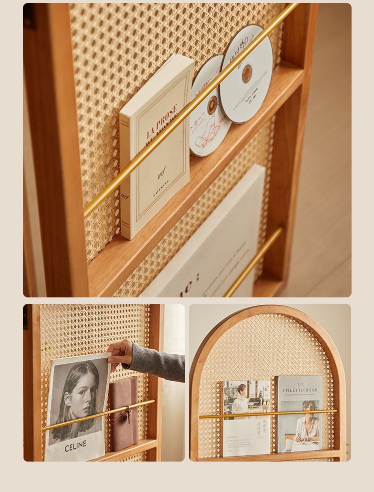 パーテーション 木製フレーム編み込み四連折りたたみ間仕切り棚