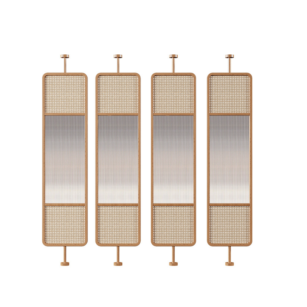 パーテーション 籐編みと型板ガラス組合せ突っ張り式間仕切り