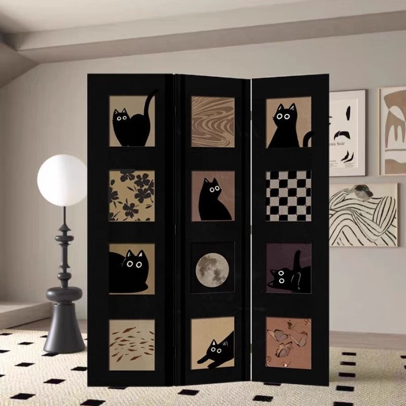 パーテーション 黒猫と月夜のデザイン四連折りたたみ式間仕切り