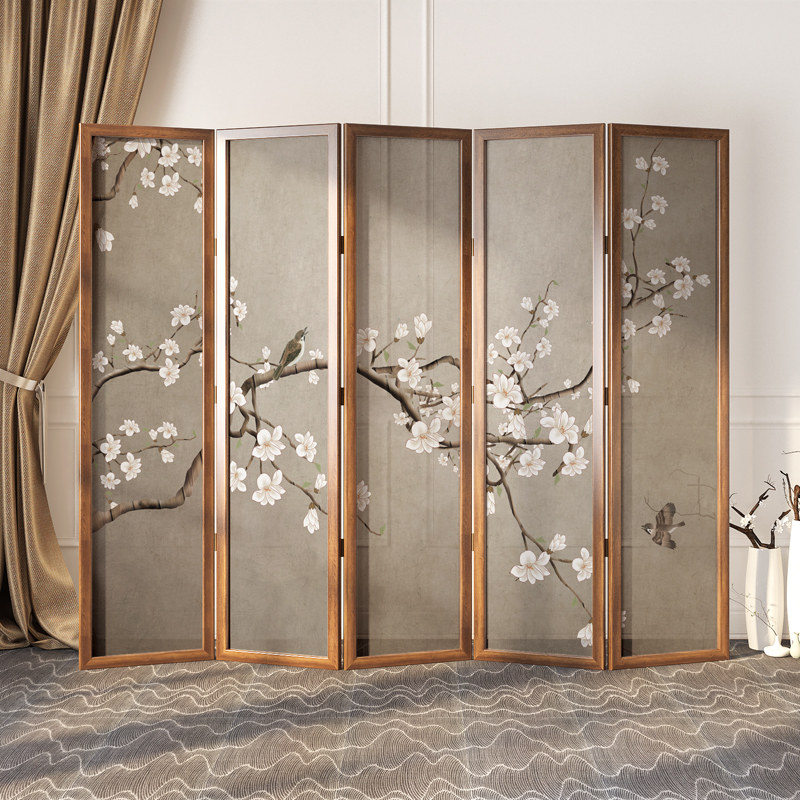 パーテーション 桜花鳥図五連木製間仕切り屏風