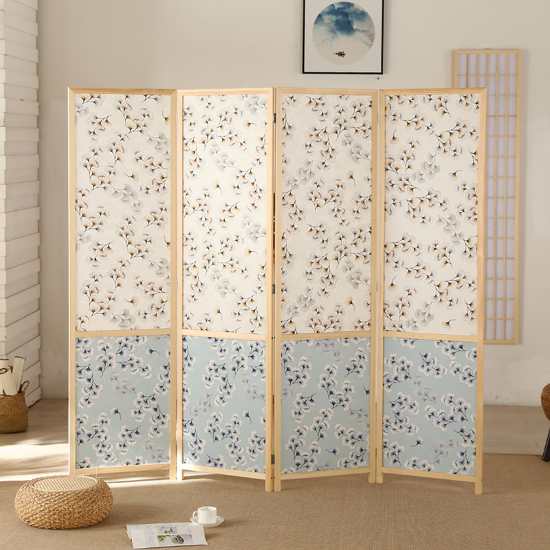 パーテーション 小花柄布地の木製折りたたみ間仕切り四連