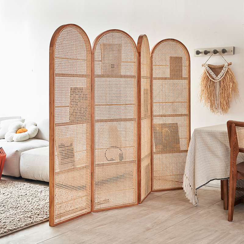 パーテーション 木製フレーム籐編み四連折りたたみ式間仕切り