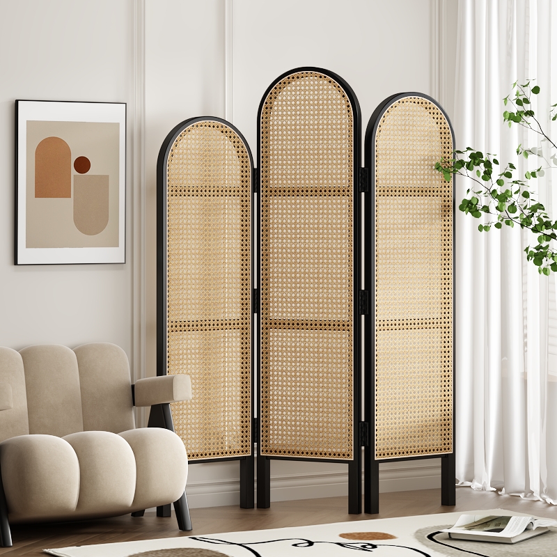 パーテーション 天然木フレーム籐編み三連折りたたみ式間仕切り