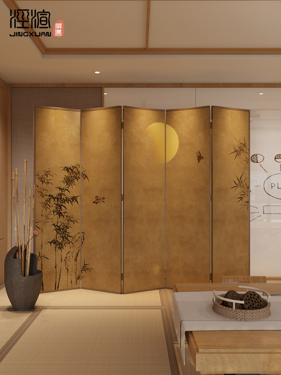 パーテーション 月夜の竹林図屏風式木製衝立パーテーション