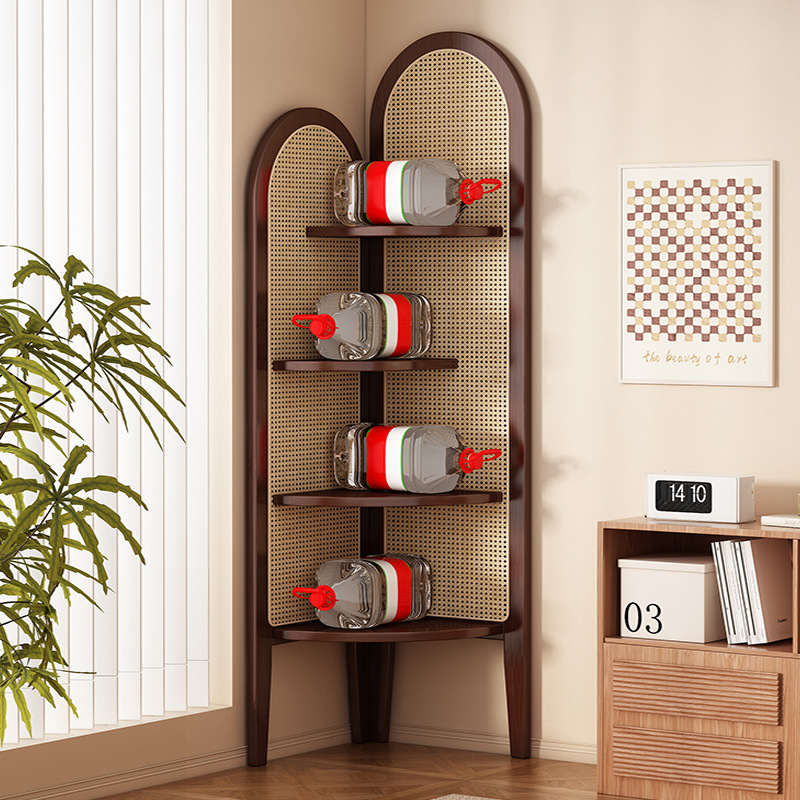 パーテーション 天然木とラタン編みのアーチ型コーナー収納棚