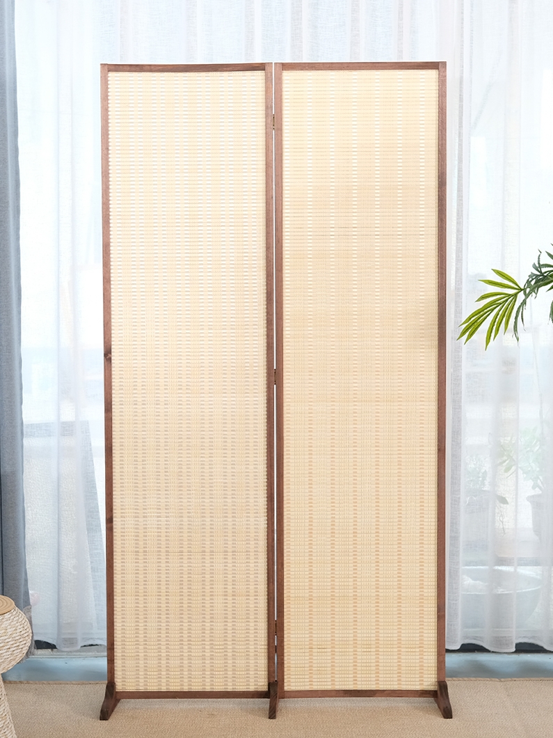 パーテーション 天然木枠編み込み二連衝立