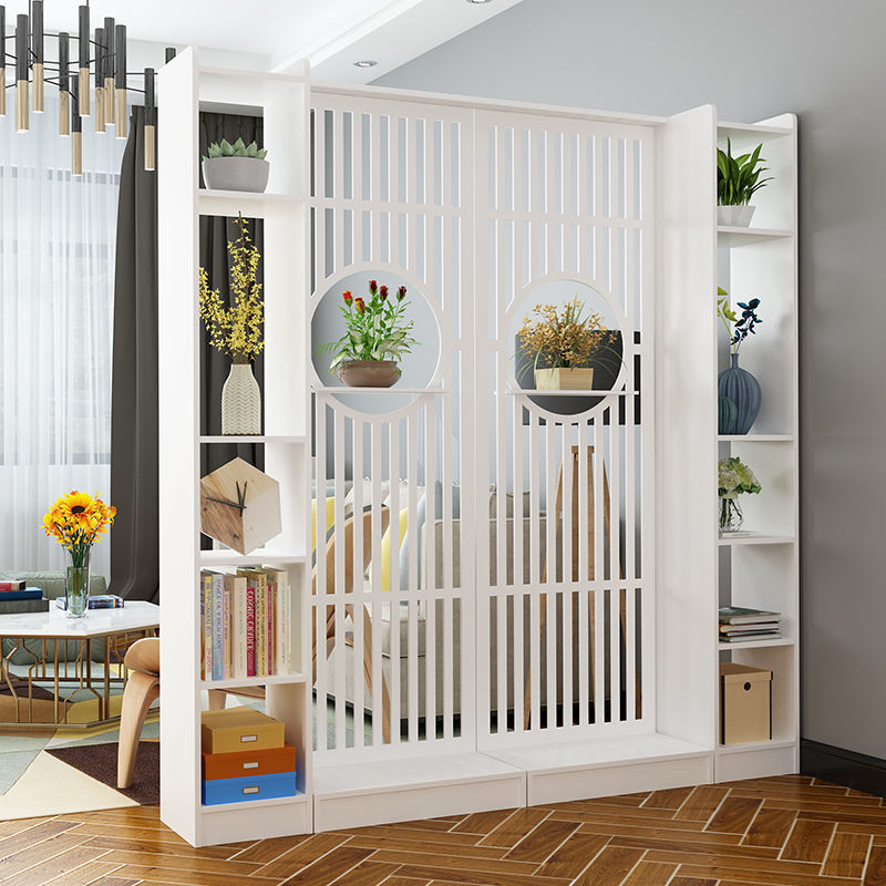 パーテーション 縦格子デザイン円窓付き収納棚一体型間仕切り