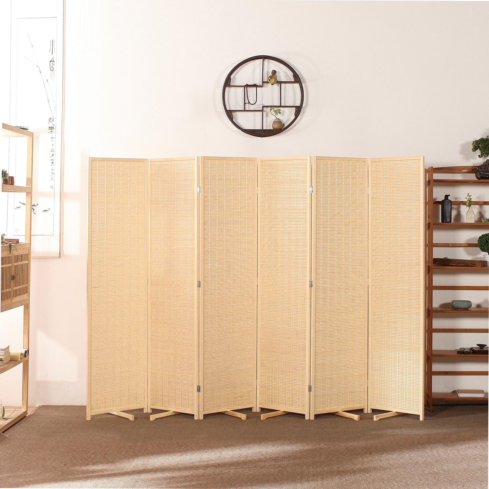 パーテーション 天然素材編み込み六連木製折り畳み間仕切り