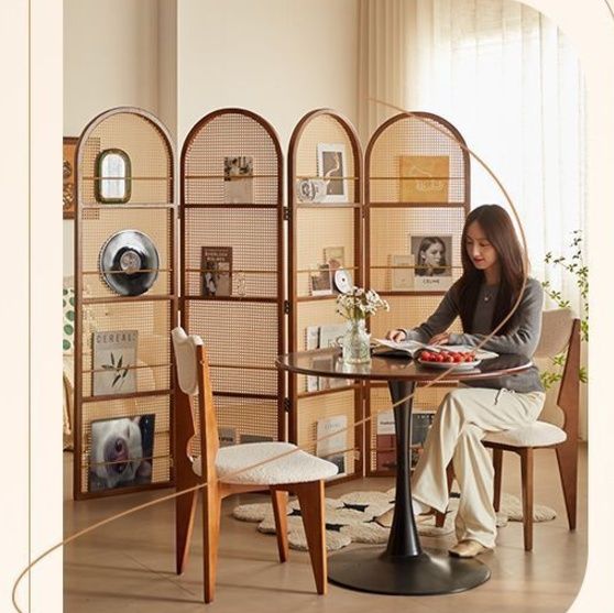 パーテーション 木製フレーム編み込み四連折りたたみ間仕切り棚