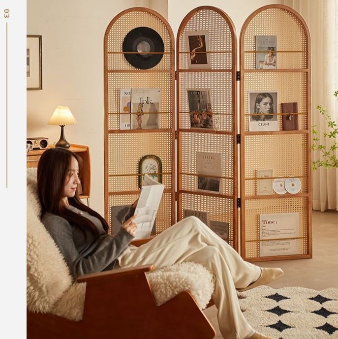 パーテーション 木製フレーム編み込み四連折りたたみ間仕切り棚