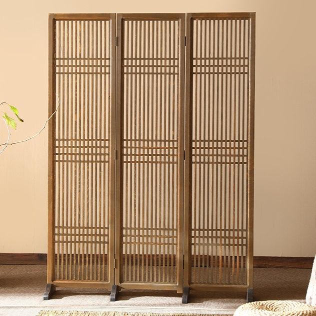 パーテーション 和風格子デザイン木製自立式二連パーテーション