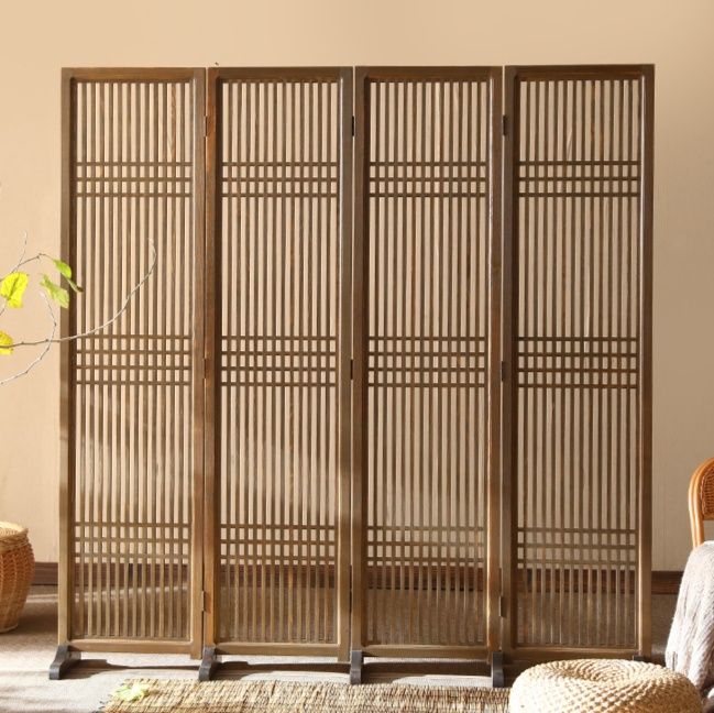 パーテーション 和風格子デザイン木製自立式二連パーテーション
