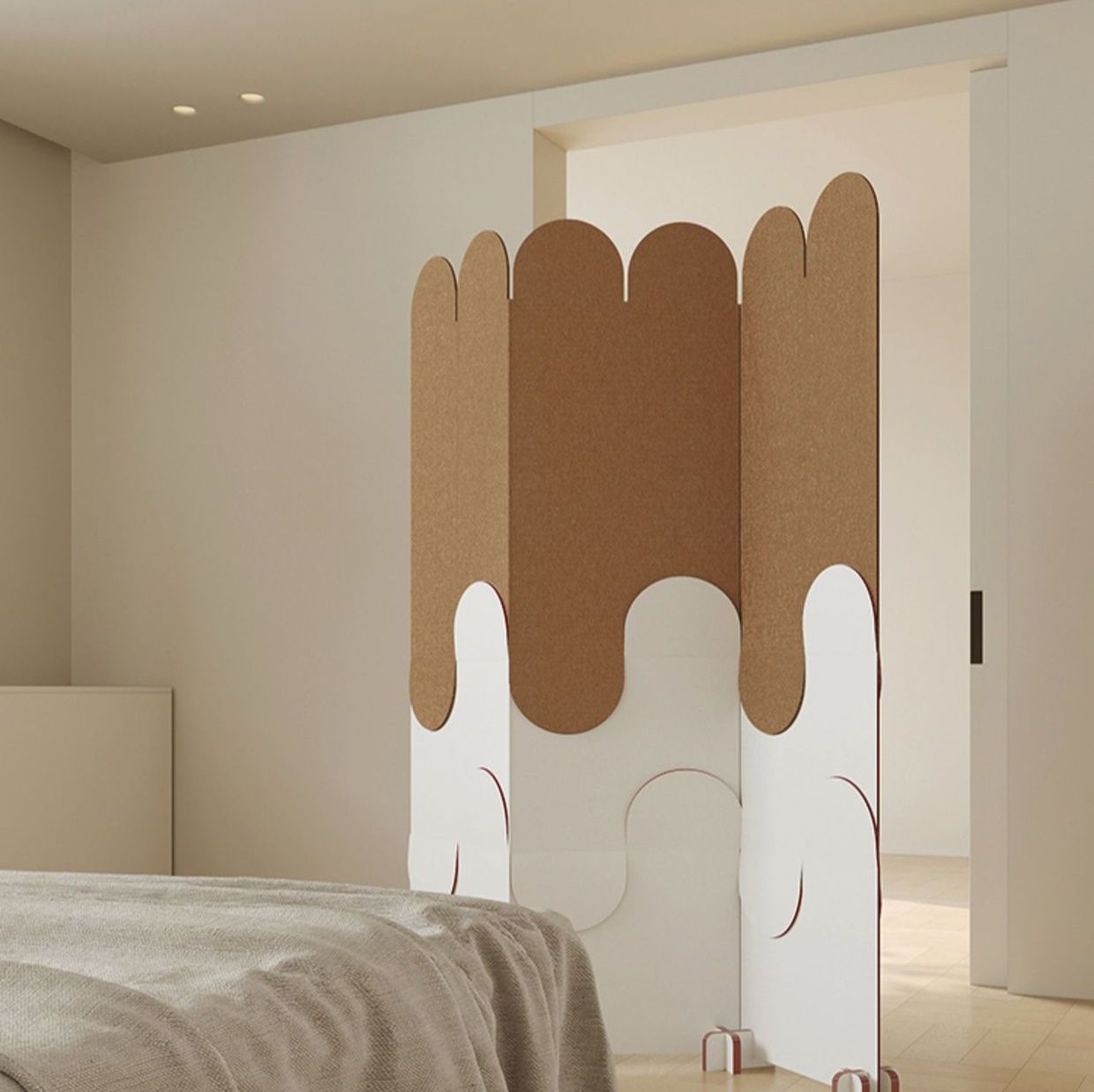 パーテーション 丸型窓付き三連折りたたみ木製間仕切り