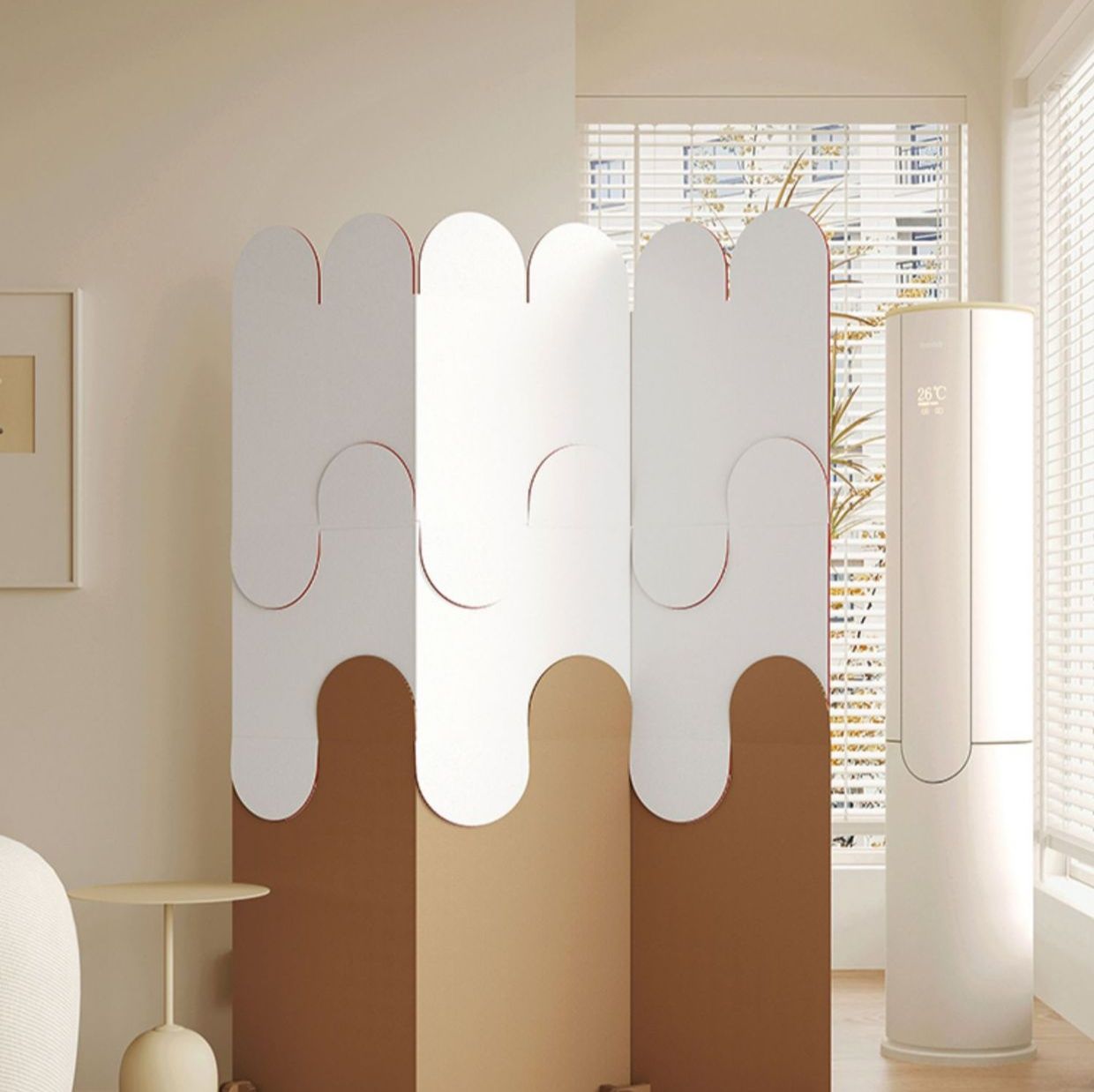 パーテーション 丸型窓付き三連折りたたみ木製間仕切り