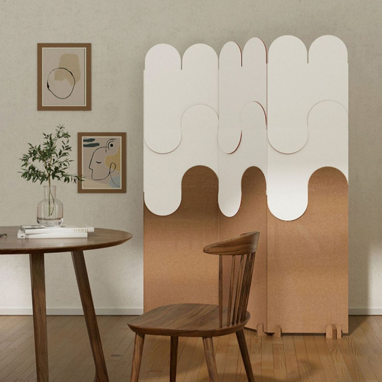 パーテーション 丸型窓付き三連折りたたみ木製間仕切り