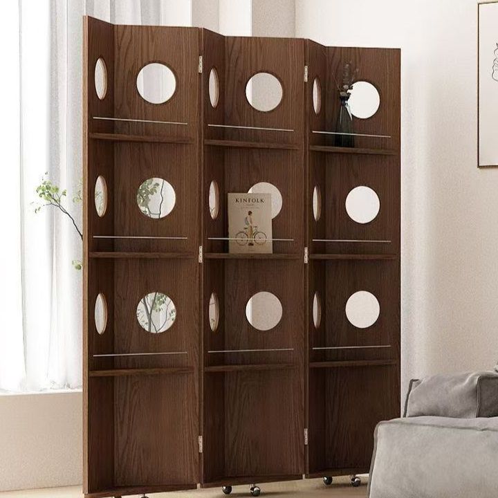 パーテーション 丸窓デザイン木製折り畳み式間仕切り収納棚