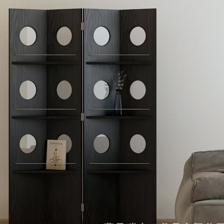 パーテーション 丸窓デザイン木製折り畳み式間仕切り収納棚