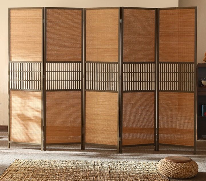 パーテーション 和風格子細工五連木製衝立パーテーション