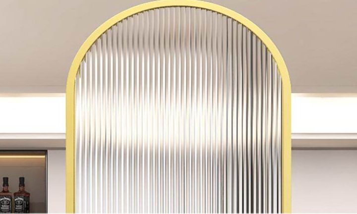 パーテーション 縦線模様ガラスアーチ型三連折りたたみ間仕切り