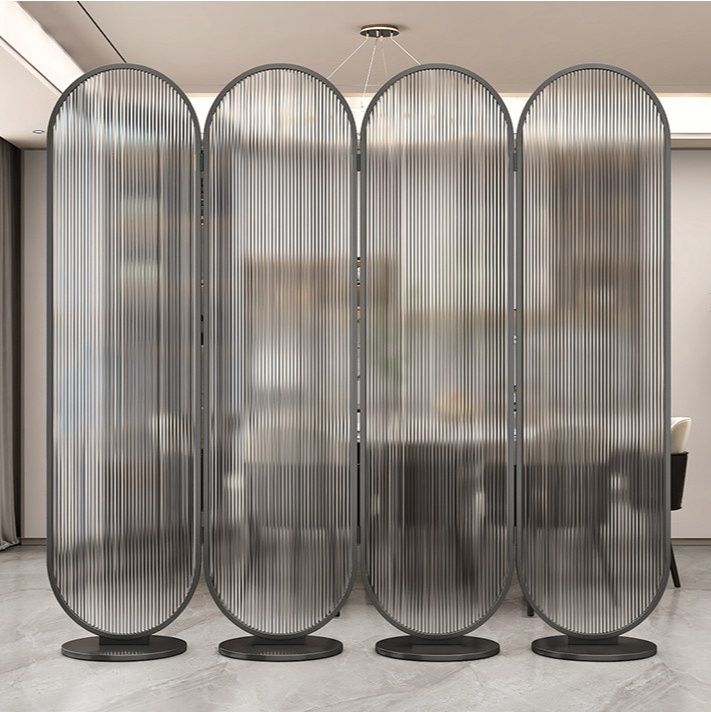 パーテーション 縦線模様ガラスアーチ型三連折りたたみ間仕切り