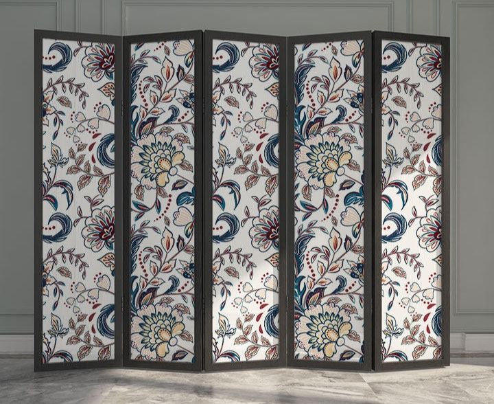 パーテーション 花唐草模様木製五連折りたたみ衝立