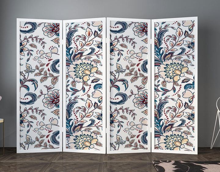 パーテーション 花唐草模様木製五連折りたたみ衝立