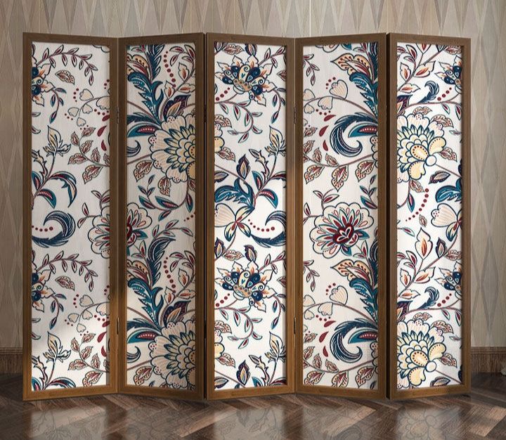 パーテーション 花唐草模様木製五連折りたたみ衝立