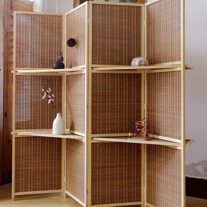パーテーション 天然木枠編み込み棚付き四連間仕切り