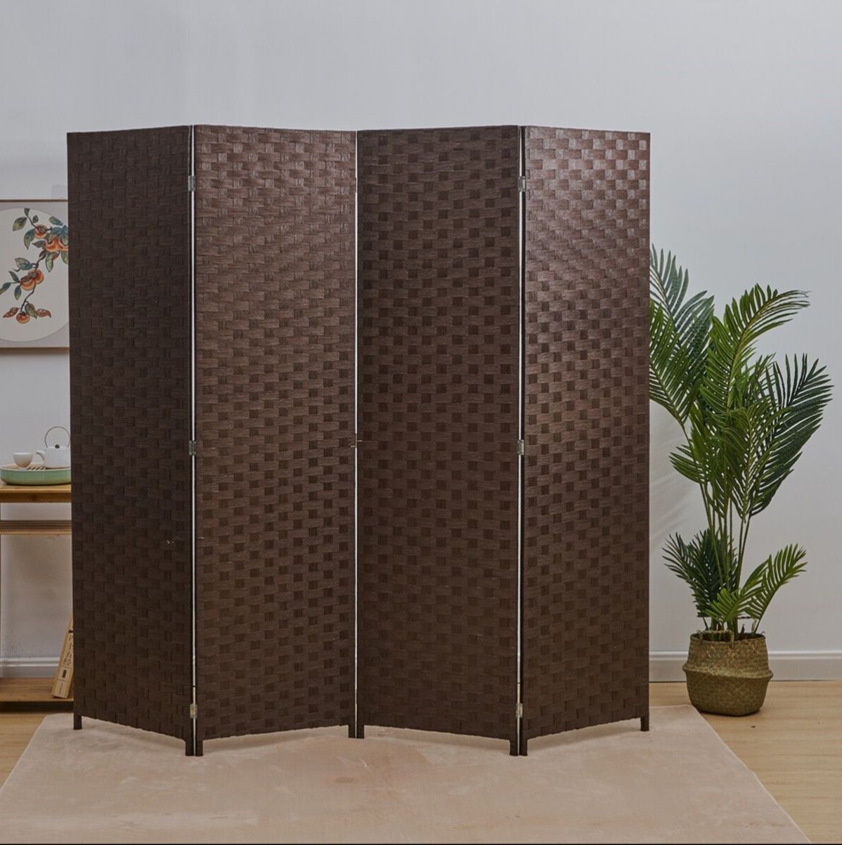 パーテーション 市松模様の木製折り畳み式四連パーテーション