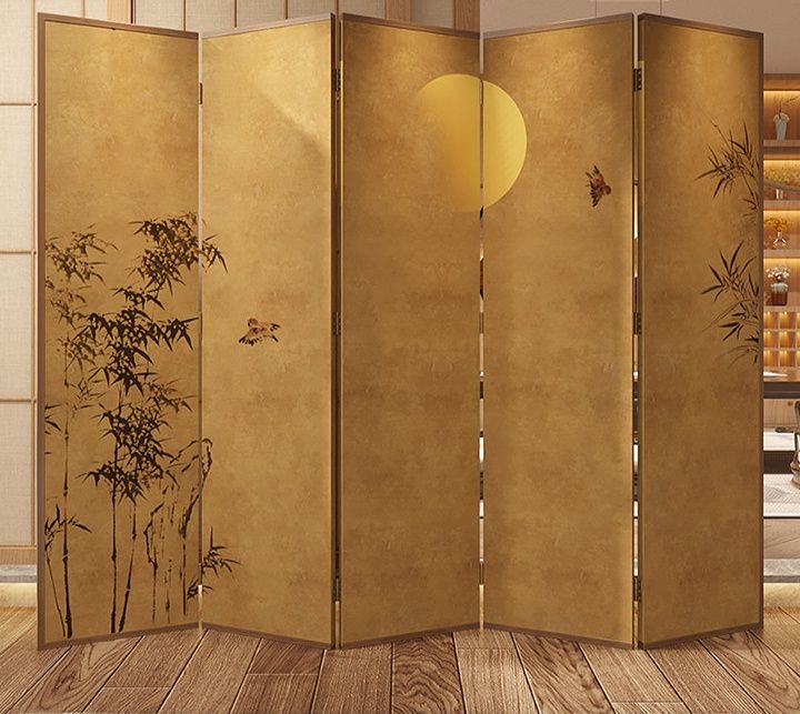 パーテーション 月夜の竹林図屏風式木製衝立パーテーション