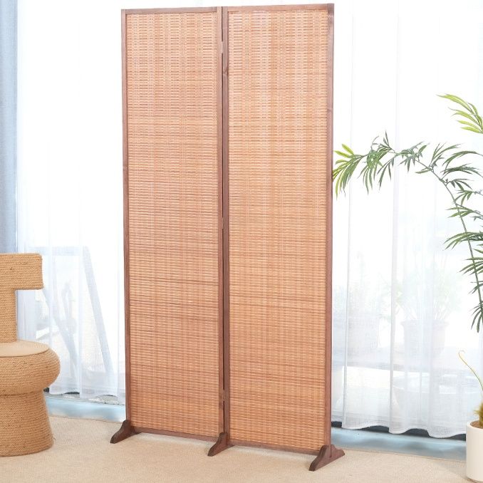 パーテーション 天然素材編み込み二連木製衝立