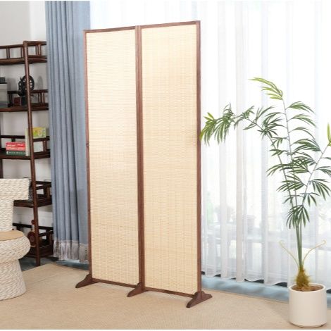 パーテーション 天然素材編み込み二連木製衝立