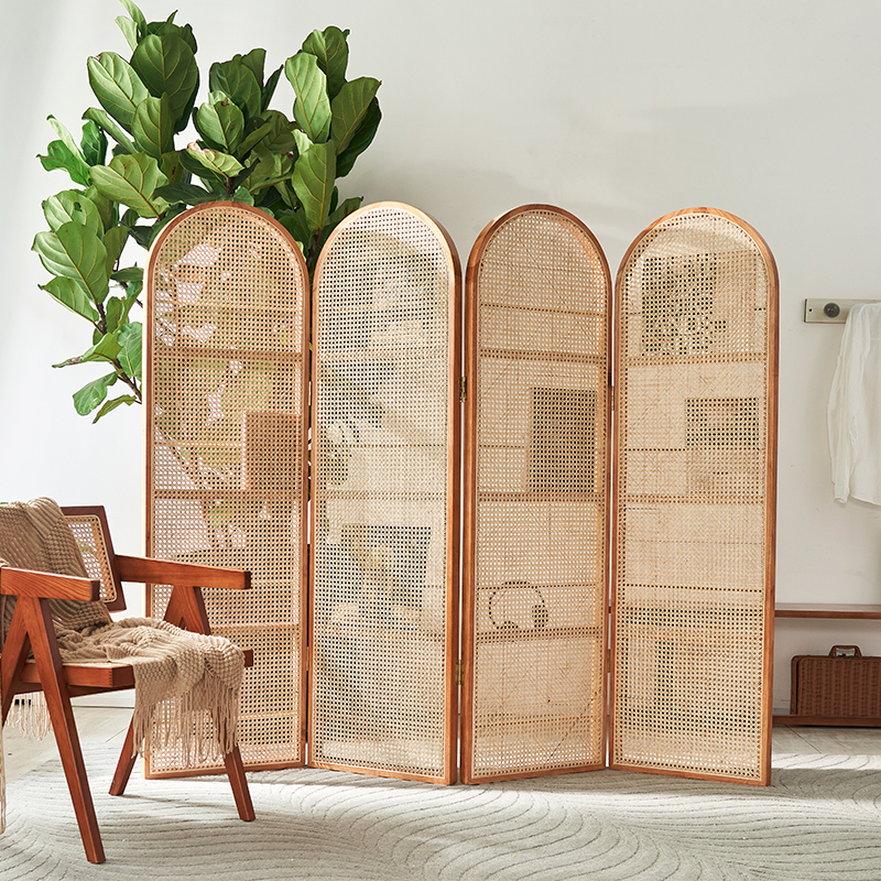 パーテーション 木製フレーム籐編み四連折りたたみ式間仕切り