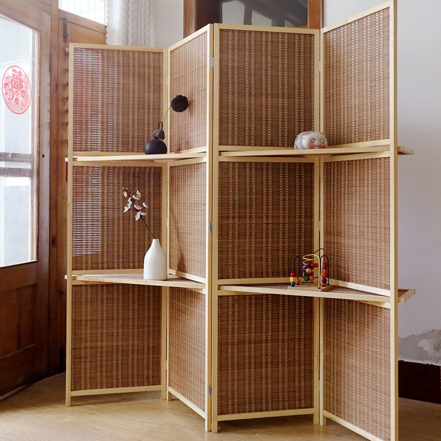 パーテーション 天然木枠編み込み棚付き四連間仕切り