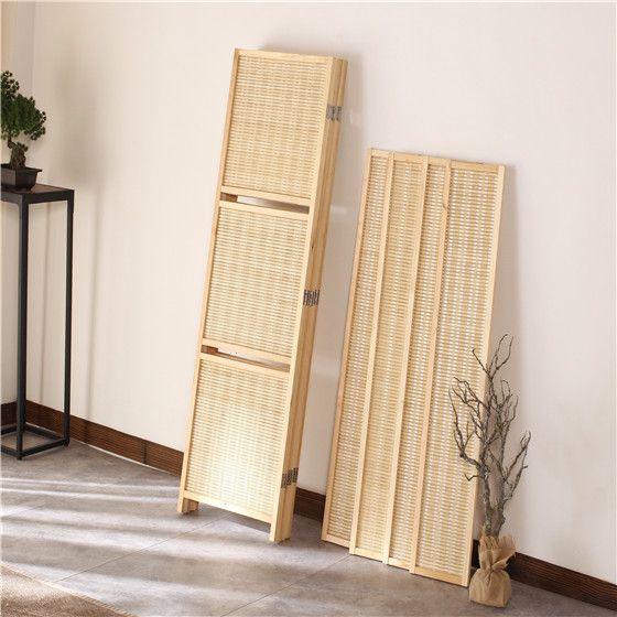 パーテーション 天然木フレーム編み込み棚付き六連折りたたみ衝立