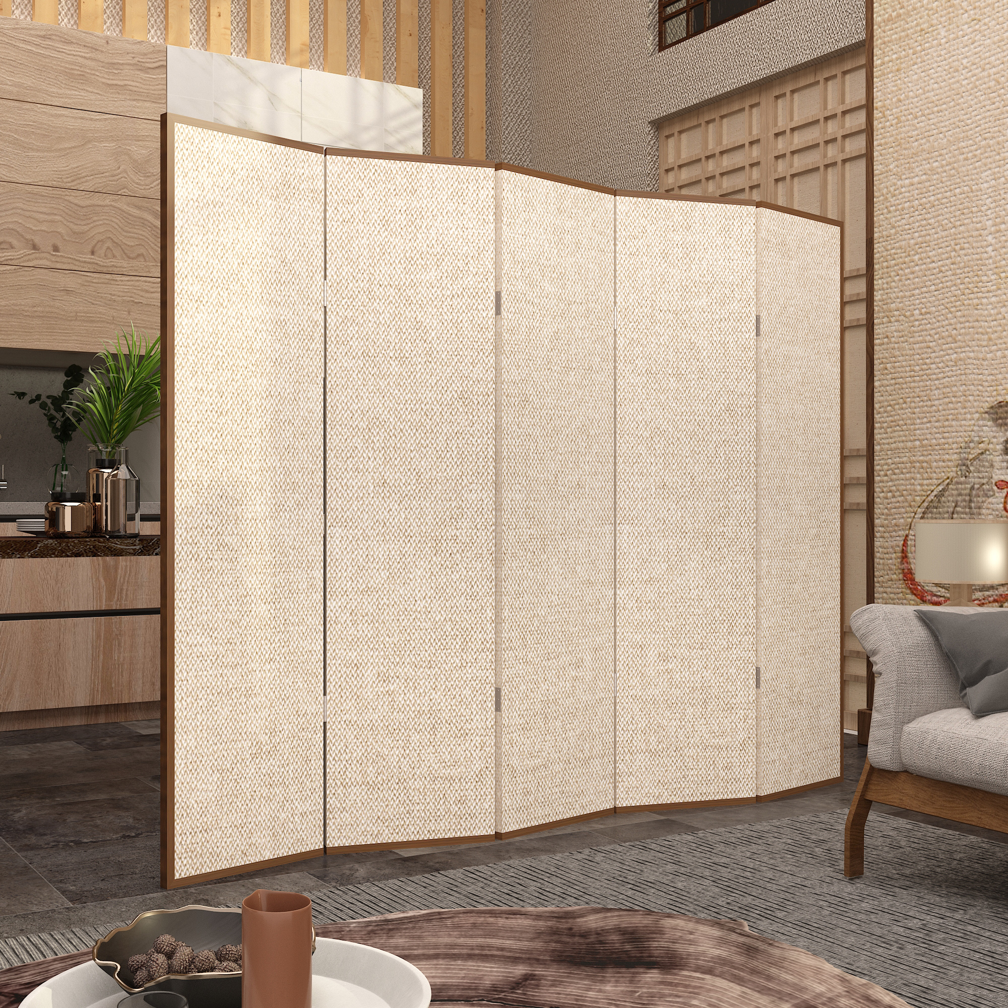 パーテーション 天然木枠編み込み格子柄五連折りたたみ間仕切り