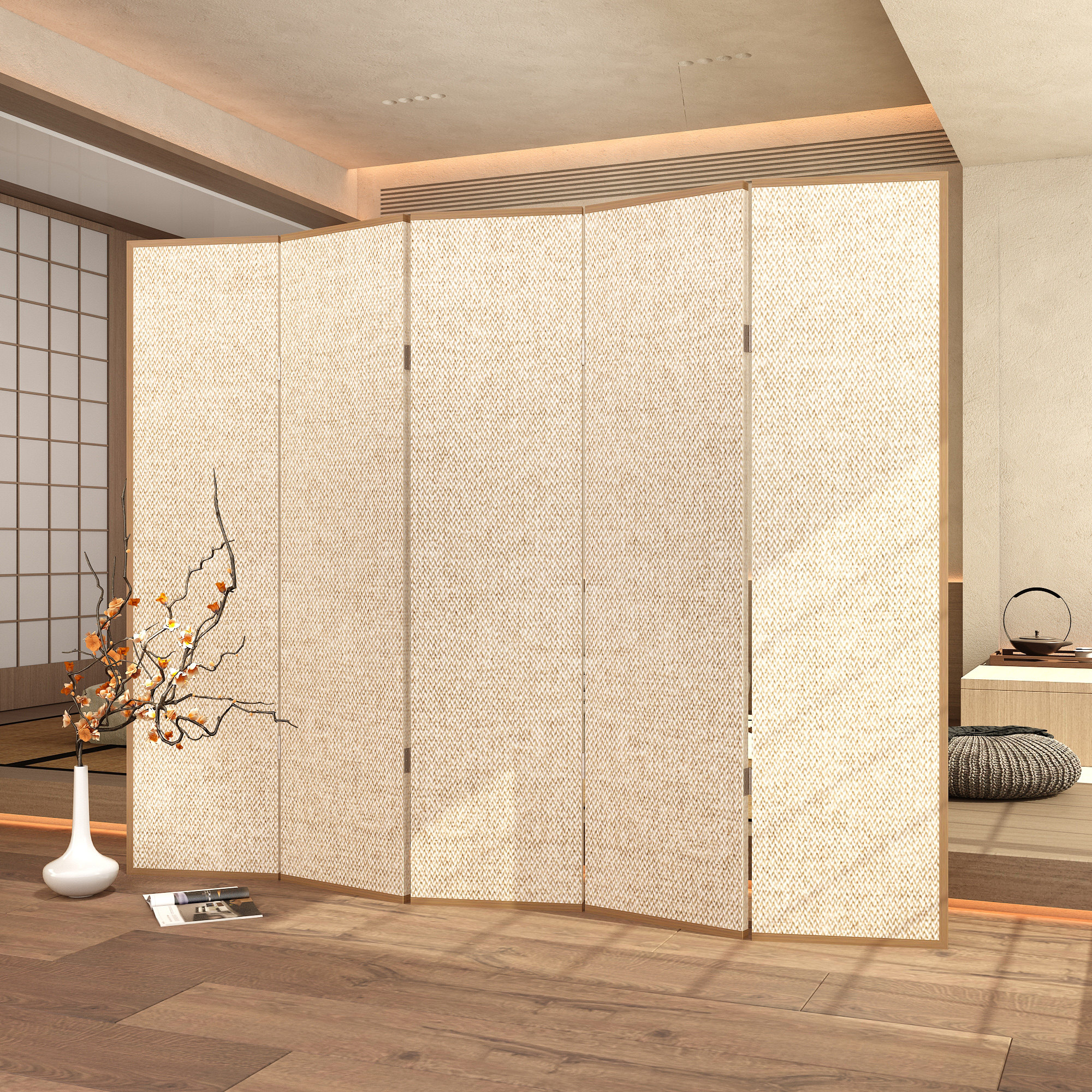 パーテーション 編み込み模様の木製折りたたみ間仕切り