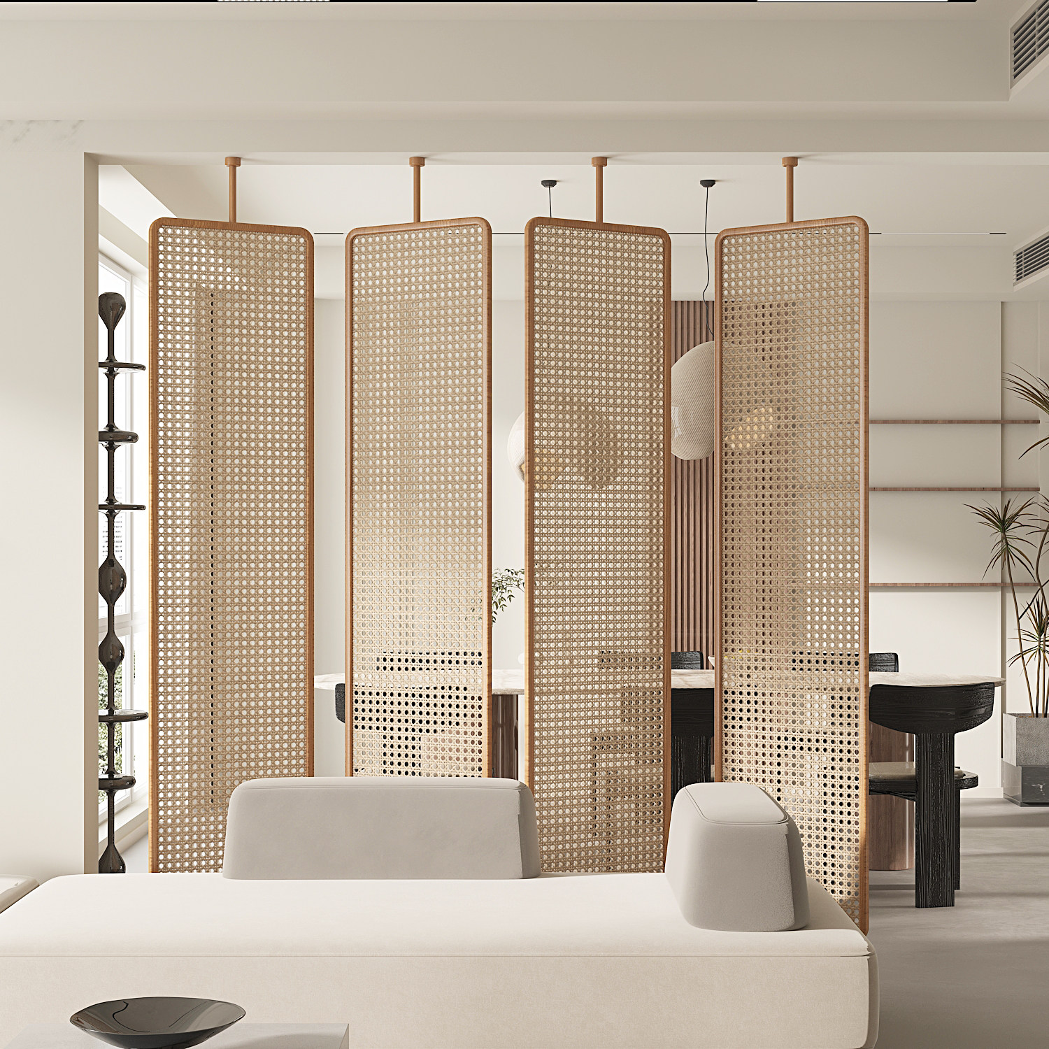 パーテーション 籐編み天井突っ張り式間仕切りパネル四連