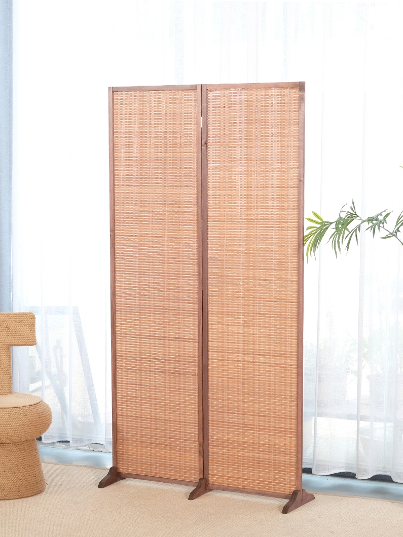 パーテーション 天然木枠編み込み二連衝立
