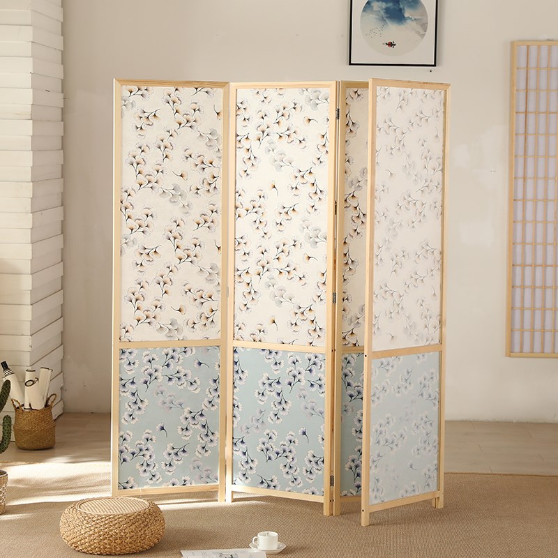パーテーション 小花柄布地の木製折りたたみ間仕切り四連