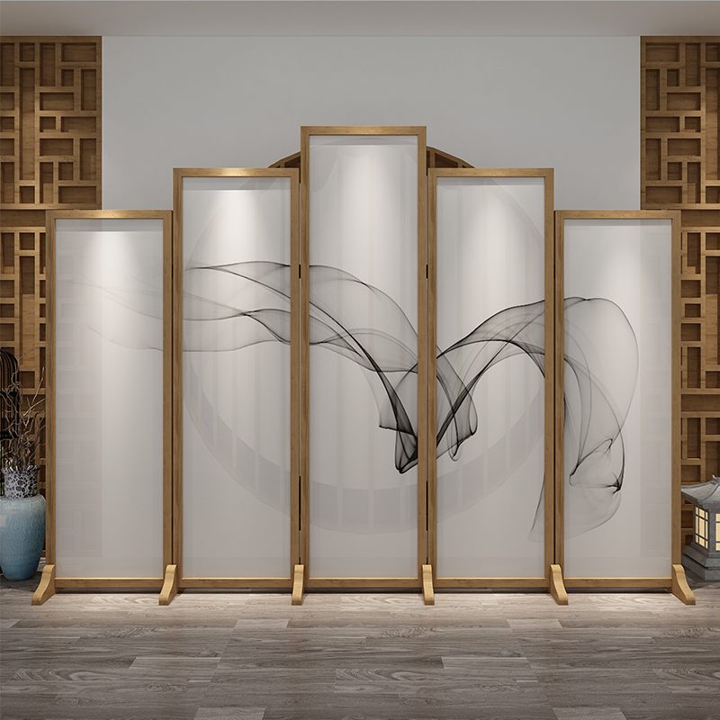 パーテーション 木枠墨絵風草模様五連衝立パーテーション