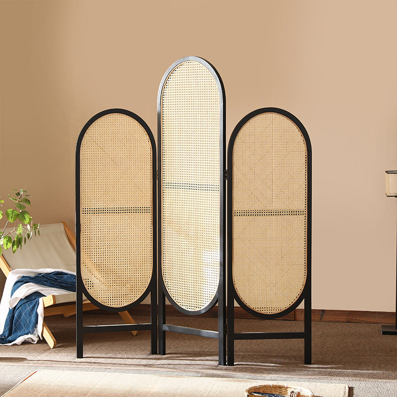 パーテーション 木製枠籐編み三連アーチ型自立式間仕切り