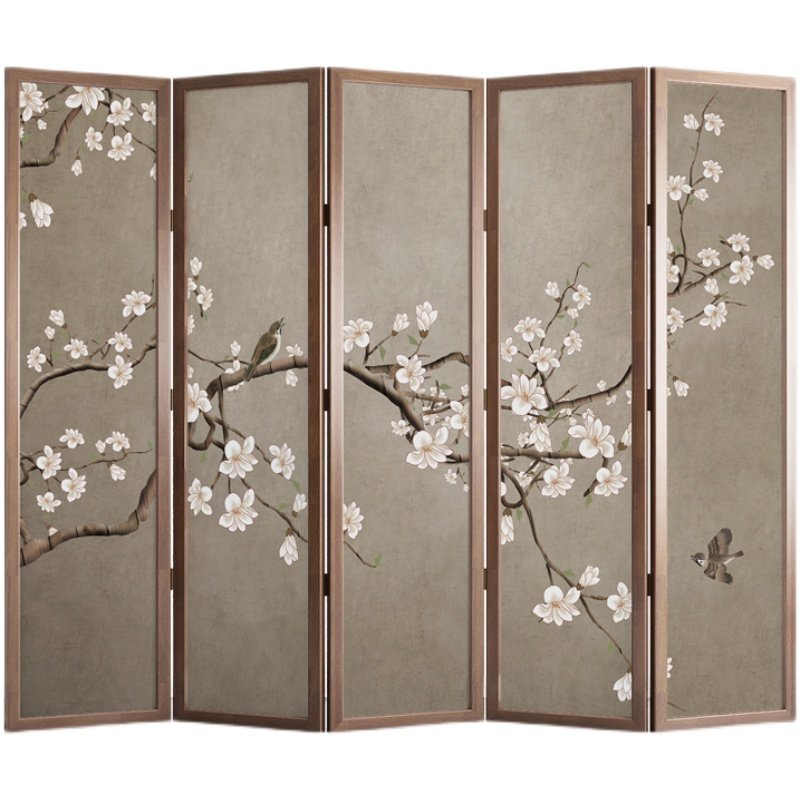 パーテーション 桜花鳥図五連木製間仕切り屏風