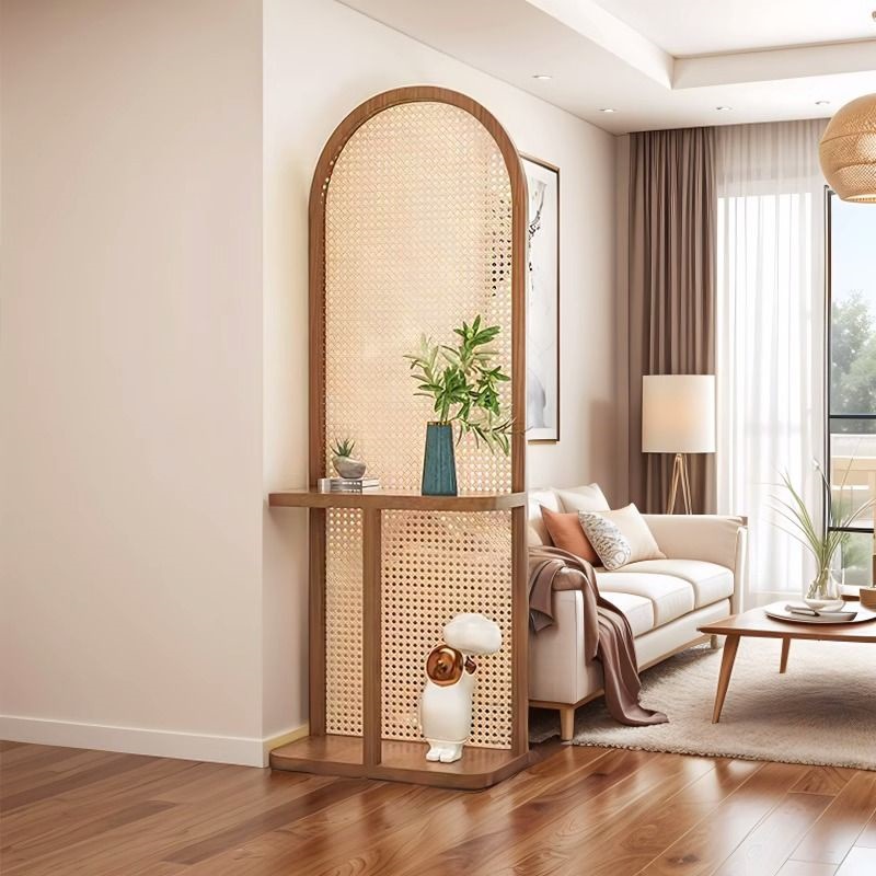 パーテーション アーチ型編み込み木製パーテーション棚付き