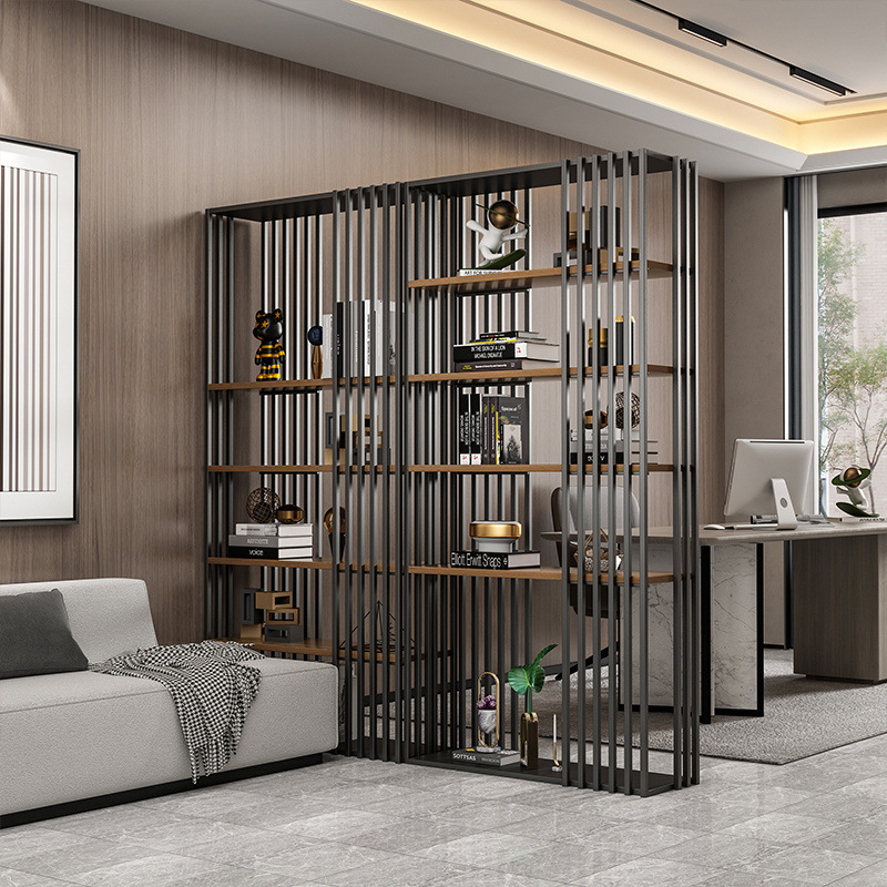 パーテーション 木製棚板付き縦格子デザイン間仕切り飾り棚